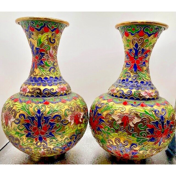 Vintage Cloisonne Floral Vases (Set of 2 Vases) 7.5" x 4.5" - Picture 6 of 11